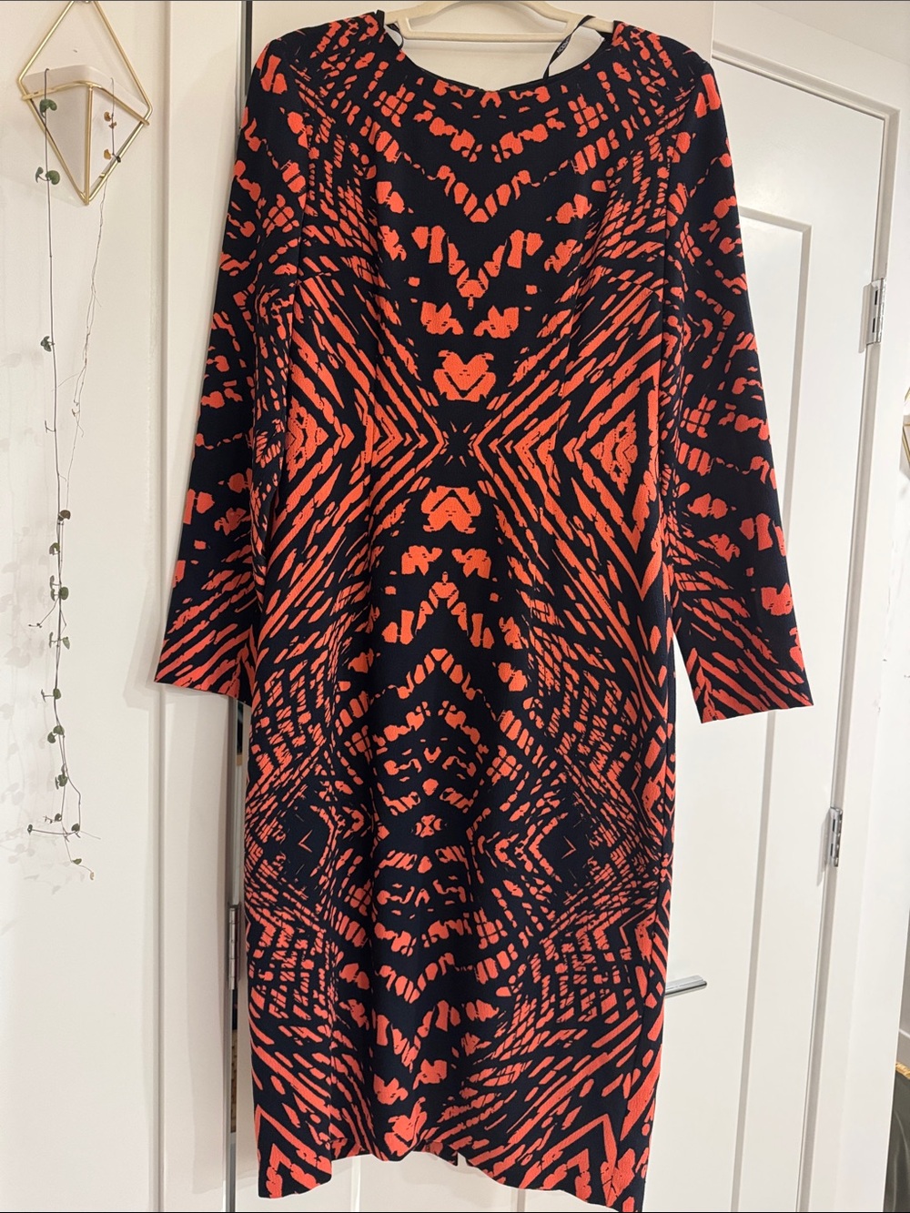 Women's navy and Orange Patterned midi Long Sleeve Dress